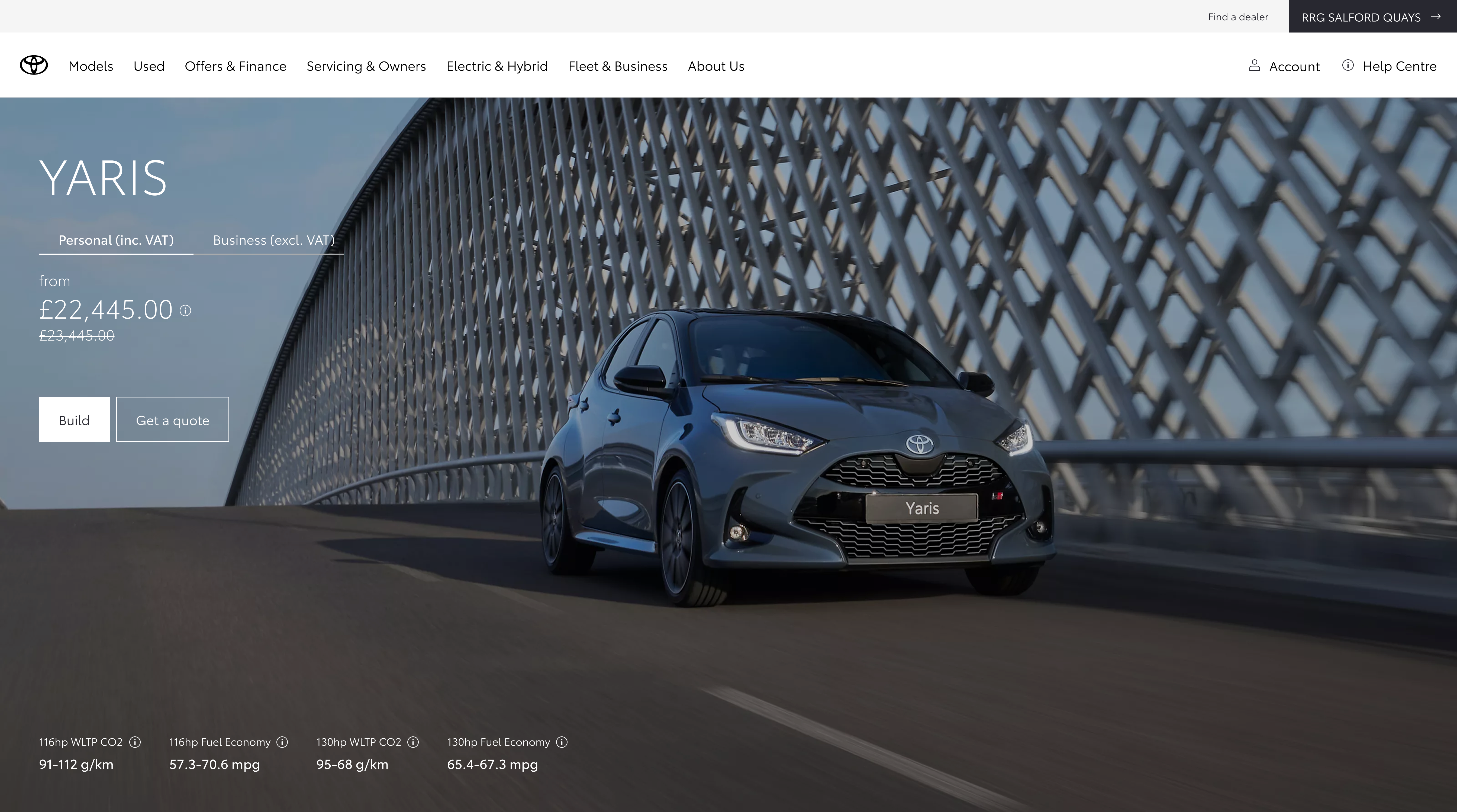 Toyota model page mock: Personal and Business tabs inline with the hero headline and price